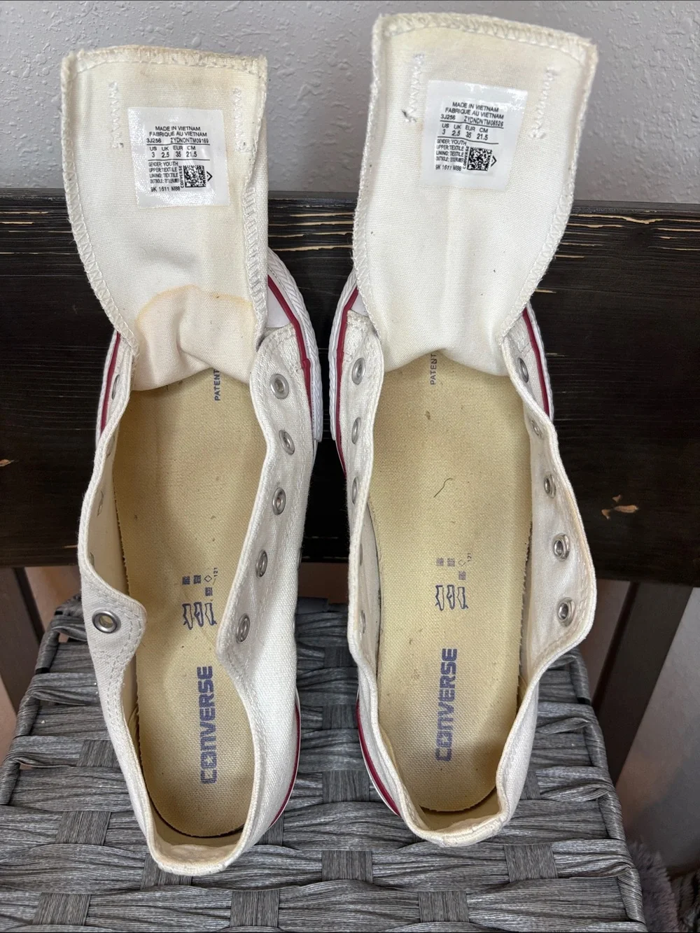 Converse Kids Slip-On Canvas Sneakers in Cream with Red Trim